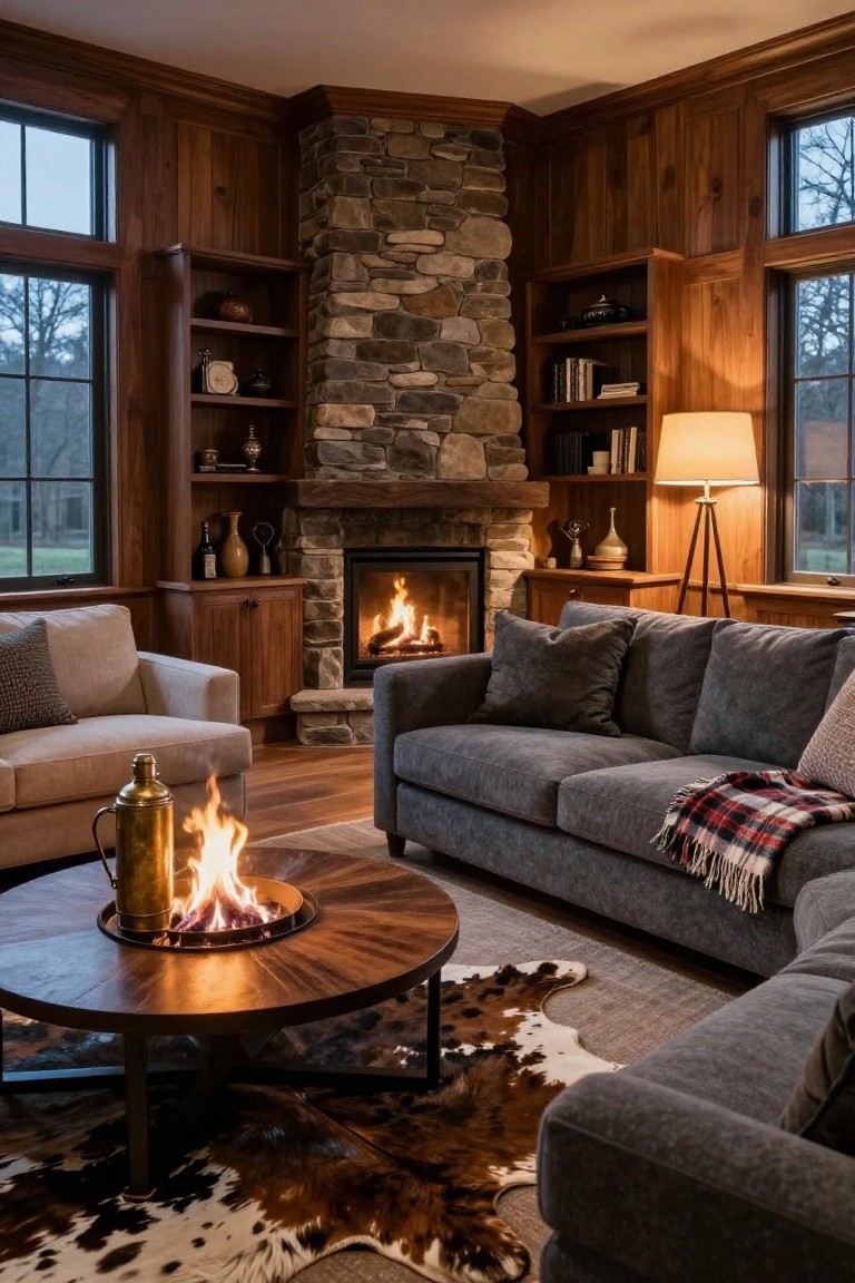 Wood-paneled living room featuring a corner stone fireplace with burning logs, gray fabric sofas, round wood coffee table holding a brass vessel with fire, cowhide rug, and large windows showing bare trees outside.