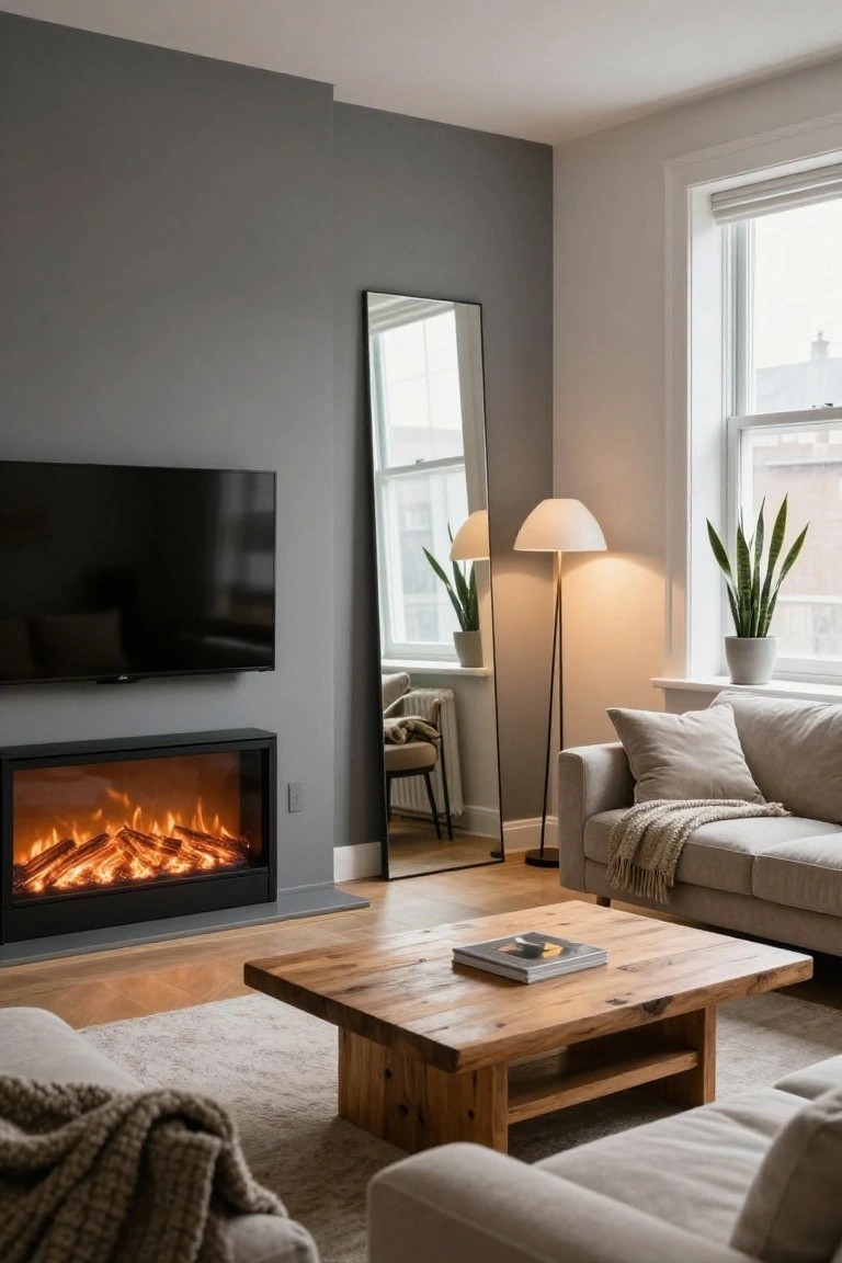 Modern living room with black electric fireplace displaying orange flames on gray wall, mounted TV above, beige sofa with pillows and throw, wooden coffee table, floor lamp, tall mirror, and potted plants near window.
