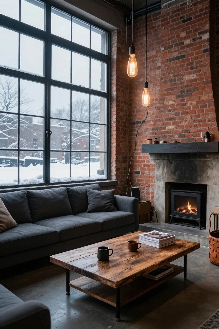 A living room with exposed red brick walls, lit gas fireplace, large black metal windows showing snowy urban exterior, gray L-shaped sofa, and rustic wooden coffee table on concrete floor.
