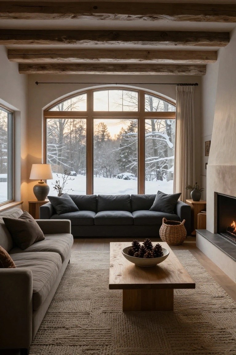 Living room with exposed wooden beam ceiling, two neutral upholstered sofas, wooden coffee table holding a bowl of pinecones, side tables, lamp, fireplace, and large arched windows framing a snowy wooded landscape at sunset.