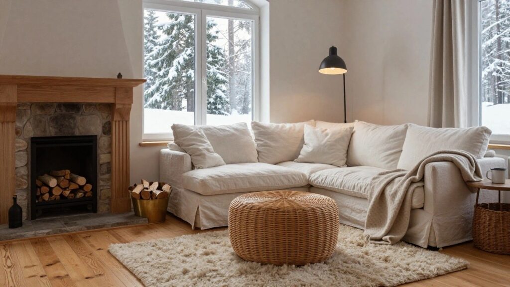 A cozy living room with a lit stone fireplace under an oak wood mantel, a creamy fabric sofa with beige pillows and throw blanket, wicker coffee table holding books and a mug, fluffy white rug, black floor lamp, and a large window showing snowy pine trees outside.