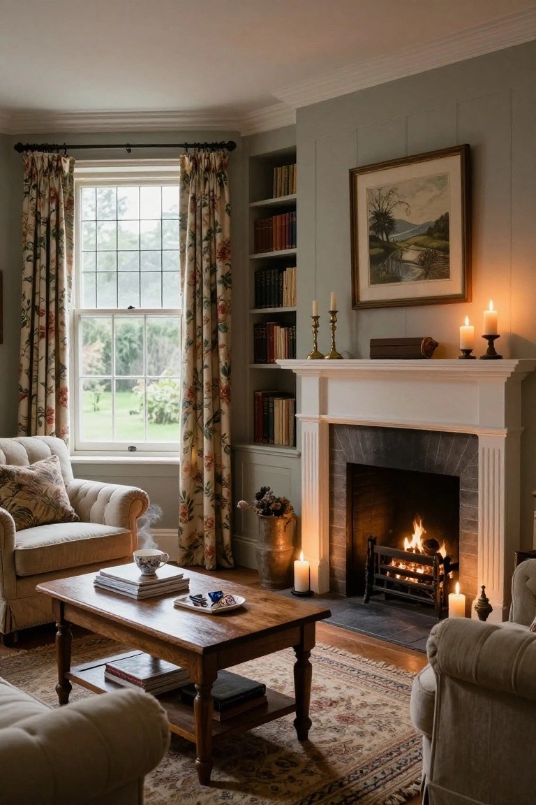 A cozy living room with two cream tufted armchairs around a wooden coffee table in front of a lit brick fireplace, flanked by bookshelves, candles on the mantel, and floral curtains on tall windows overlooking a garden.