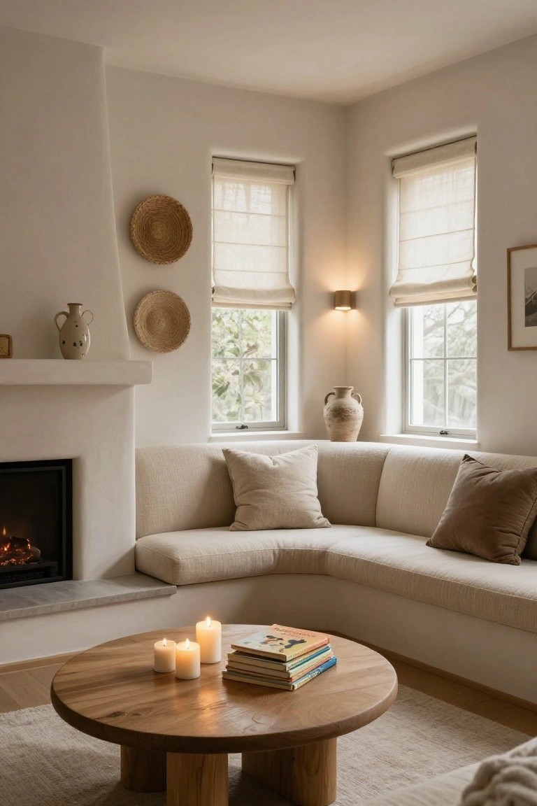 A light beige L-shaped sofa positioned next to a white corner fireplace in a neutral room, with a round wooden coffee table in front holding white candles and stacked books, sheer shades on windows, woven baskets on walls, and ceramic vases on shelves.