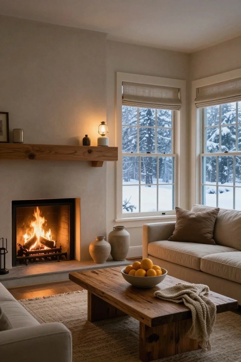 Cozy living room with beige sofa, wooden coffee table holding bowl of oranges and knit throw, plaster fireplace with wood mantel and burning fire, large windows showing snowy trees and landscape.