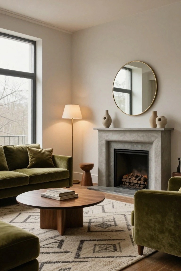 Green Velvet Sofas for Fireside Lounging