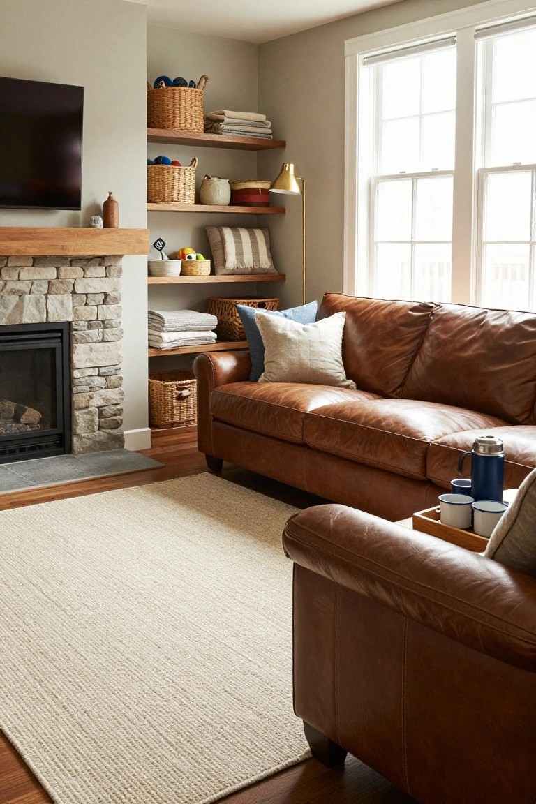 A tan leather L-shaped sectional sofa positioned in front of a stone gas fireplace in a living room with wooden mantel, built-in shelves holding wicker baskets, neutral walls, and large windows.