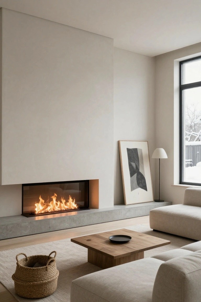Modern living room with a horizontal linear gas fireplace embedded in a beige wall above a concrete hearth, white modular sofa, low wooden coffee table with black plate, wicker basket on beige rug, abstract artwork, lamp, and window showing snowy outdoors.