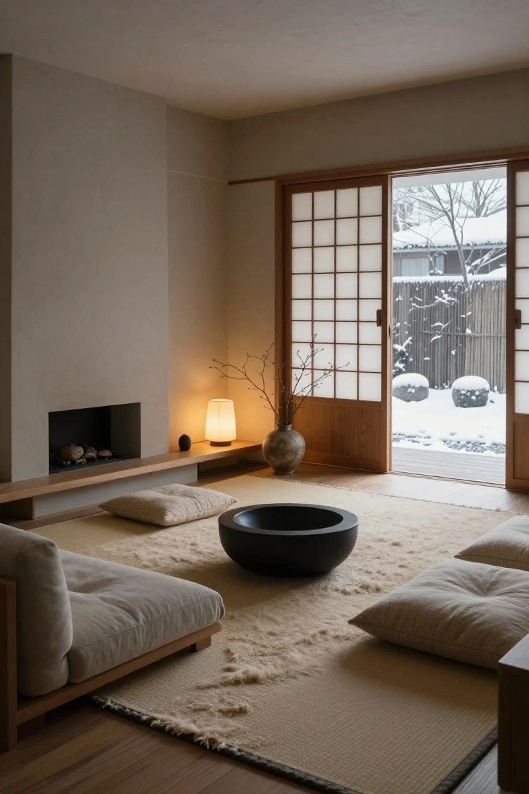 A minimalist beige living room with low wooden furniture, floor cushions on a light rug, a black bowl centerpiece, fireplace, lamp, vase with branches, and open shoji sliding doors revealing a snowy garden with rocks and trees.