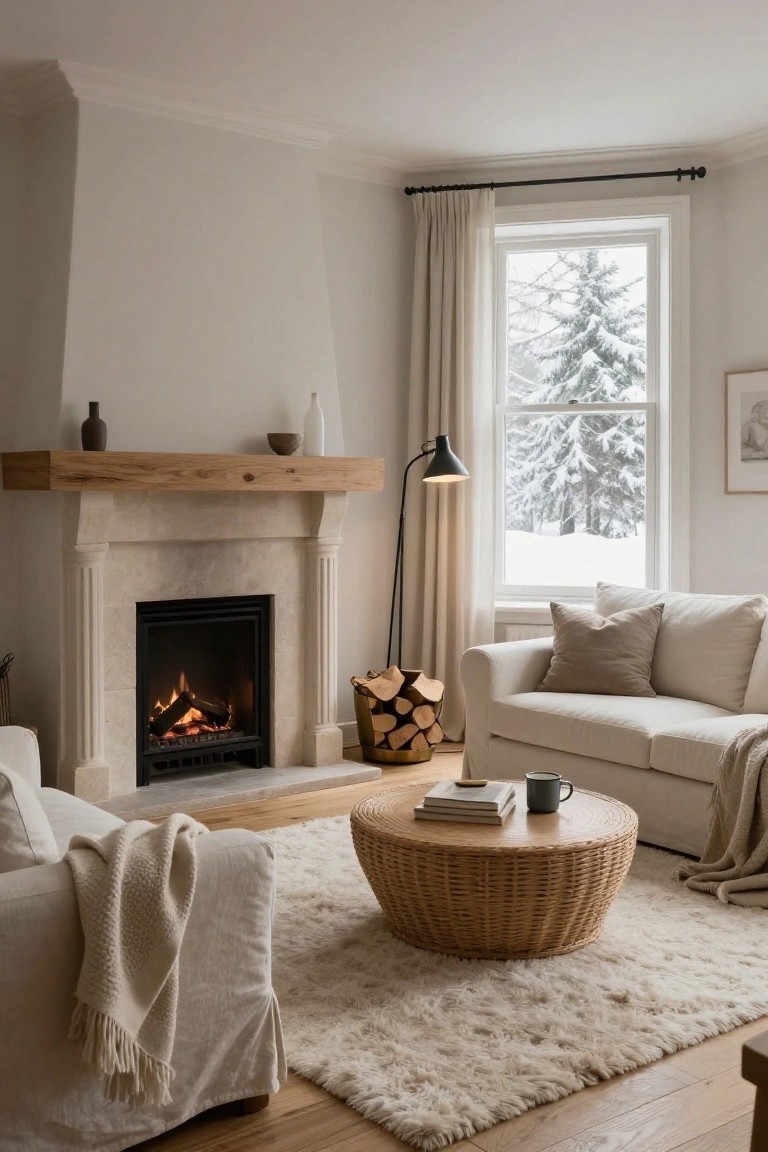 A cozy living room with a lit stone fireplace under an oak wood mantel, a creamy fabric sofa with beige pillows and throw blanket, wicker coffee table holding books and a mug, fluffy white rug, black floor lamp, and a large window showing snowy pine trees outside.