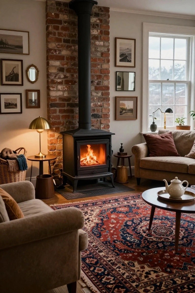 Living room with black wood-burning stove in exposed brick chimney, beige sofas on Persian rug, gold lamp, and framed art on walls.