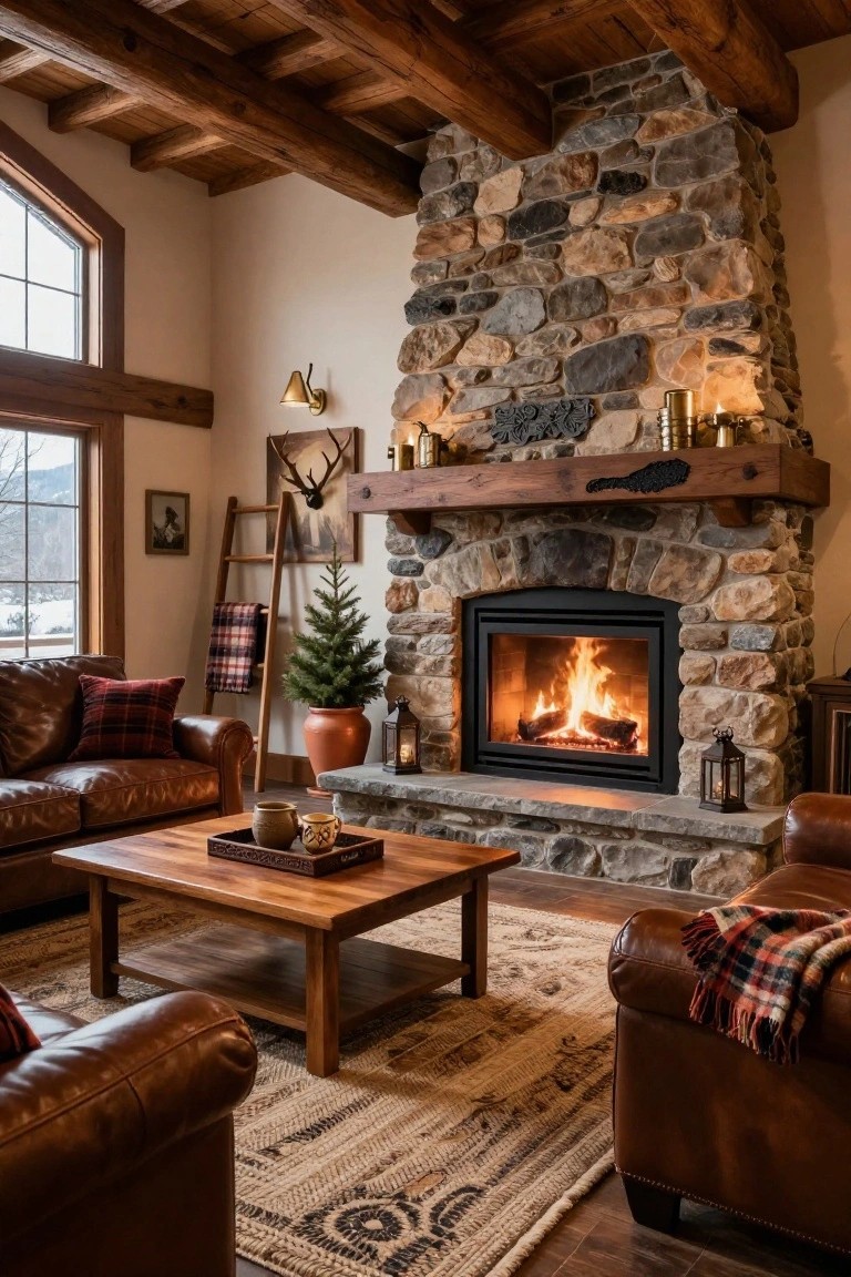 Living room with tall fieldstone fireplace burning brightly, wooden beamed ceiling, leather sofas, wooden coffee table, plaid blankets, small Christmas tree, and window showing snowy landscape.
