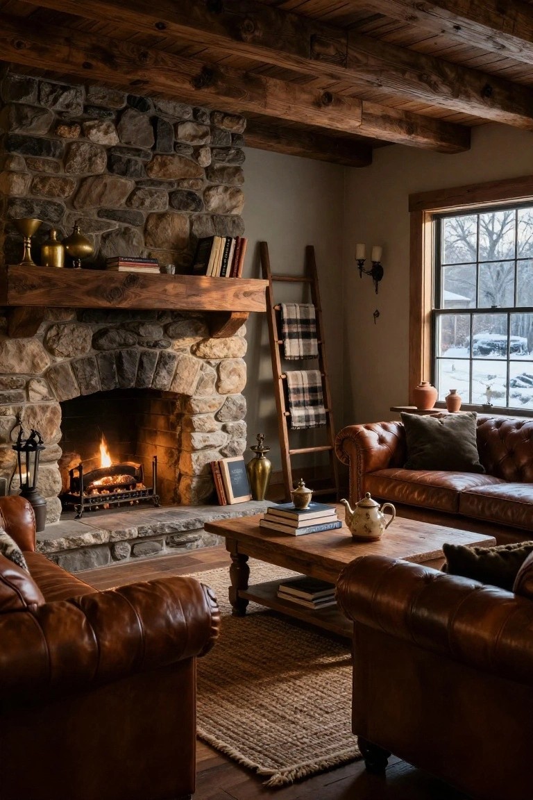 Warmly lit living room with arched stone fireplace containing a fire, brown leather sofas facing it, wooden beam ceiling, books and decor on mantel, ladder shelf, and window showing snowy landscape outside.