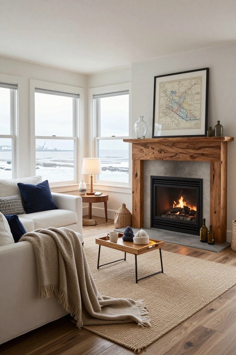 A living room corner with a rustic wood fireplace mantel over a gas fireplace, white sofa with blue and white pillows and beige throw blanket, low wood tray table with cups and ceramics, large windows showing winter ocean and snowy shore, neutral rug on wood floors.