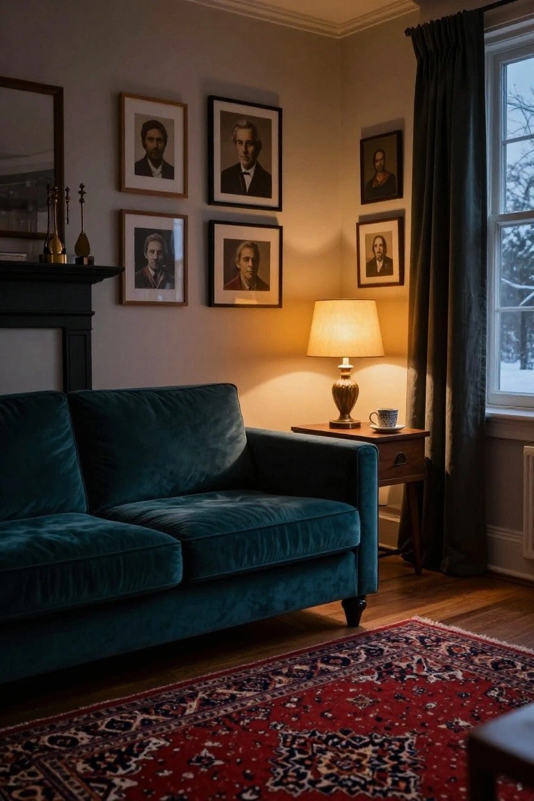 Living room corner with dark green velvet sofa next to a small wooden side table holding a brass lamp, teacup and saucer, multiple framed portraits on walls above a black fireplace mantel, red Persian rug on hardwood floor, and heavy drapes over window showing snow outside.