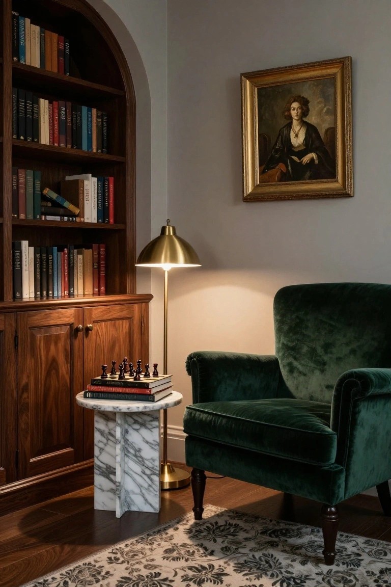 Interior corner with tall arched wooden bookcase filled with colorful books, green velvet armchair, white marble side table holding chessboard and stacked books, brass floor lamp, wooden cabinets, and framed portrait on beige wall.