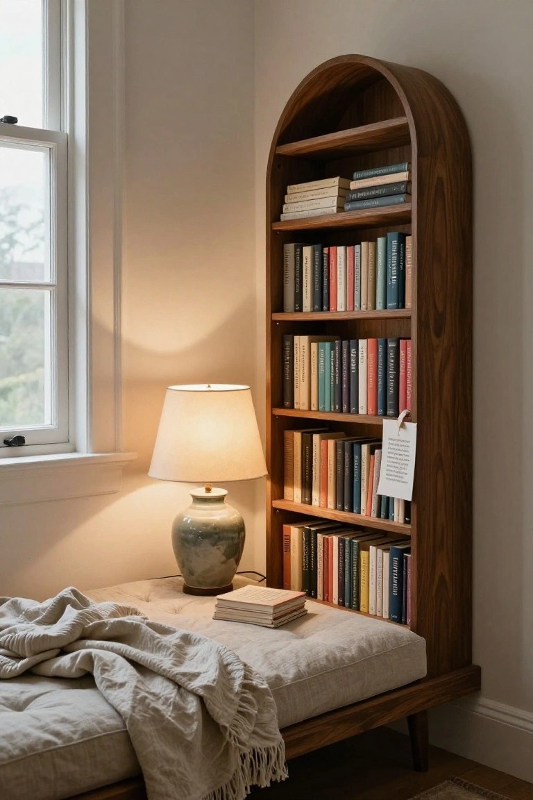 Tall arched wooden bookshelf filled with colorful books, with a cushioned beige daybed at the base holding stacked books, a green ceramic lamp, and a cream throw blanket, positioned by a white-framed window in a light beige room.