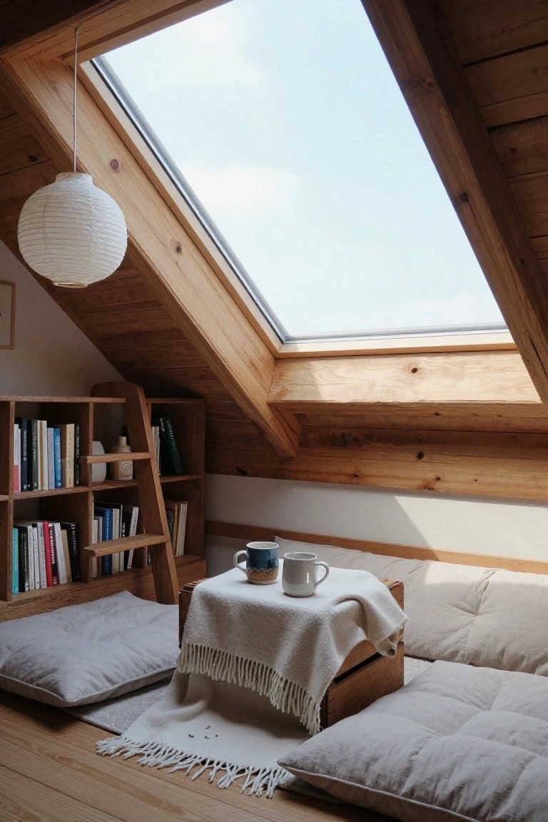 Attic interior with sloped wooden ceilings and skylight, ladder-accessed bookshelves stocked with books, low wooden table covered in white cloth with two ceramic mugs, and beige floor cushions.