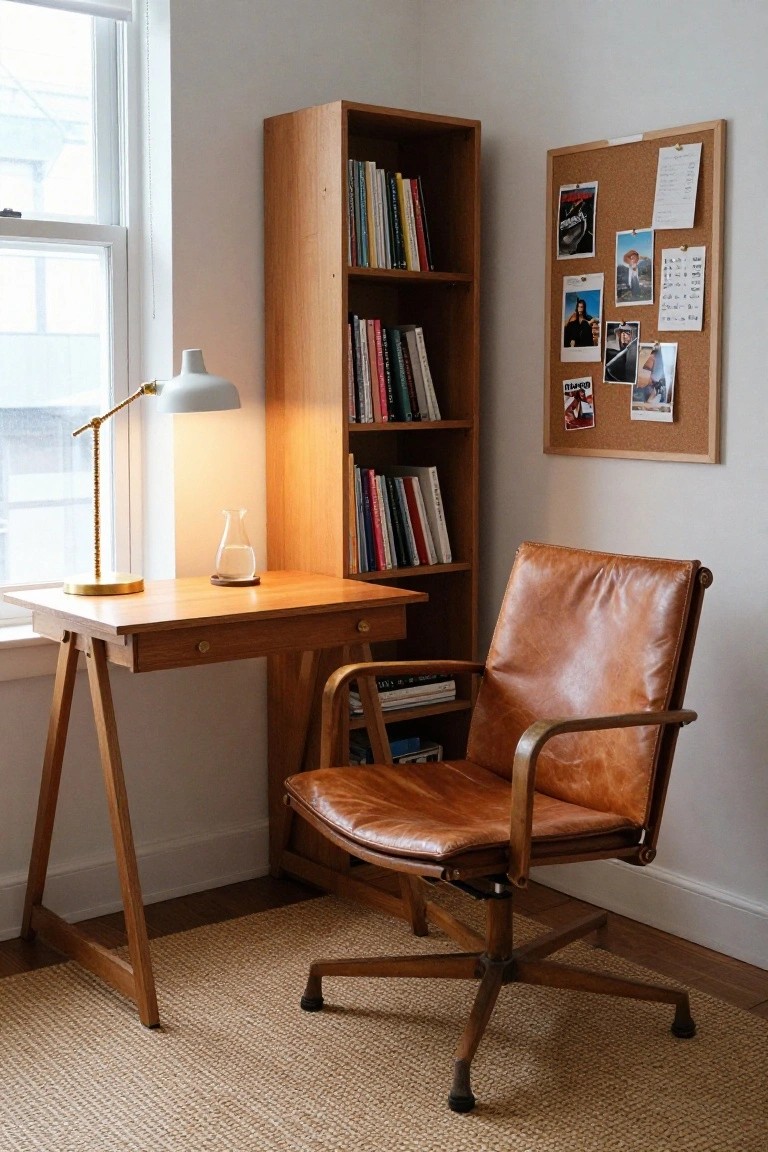 Corner of a white-walled room with wooden trestle desk, gold desk lamp, glass carafe, leather swivel chair, tall wooden bookshelf filled with books, and corkboard with pinned photos and notes beside a window.