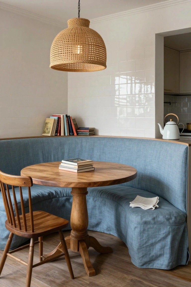 Curved blue upholstered bench seating around a round wooden pedestal table in a corner room, with stacked books on the table and shelves, a wooden chair, rattan pendant lamp overhead, and white tiled wall leading to kitchen.