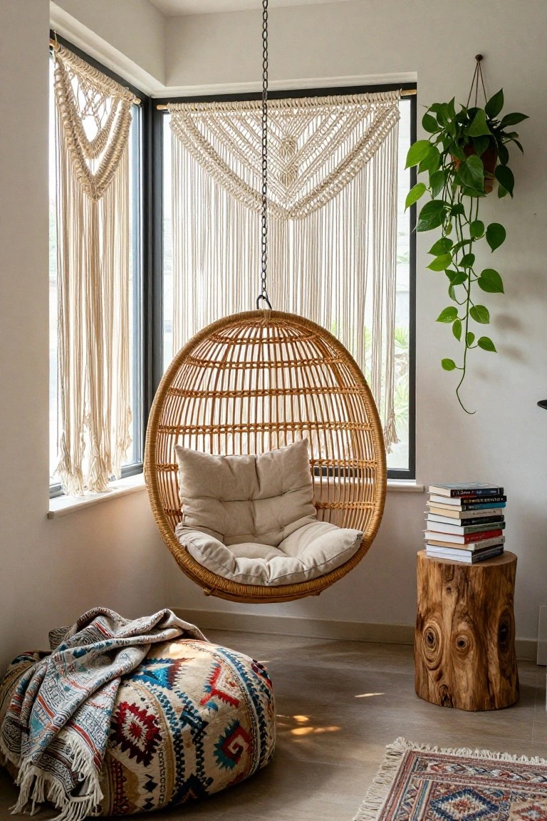 Beige rattan egg chair hanging from ceiling in a light corner room with white macrame on black-framed windows, hanging potted plant, stack of books on tree stump table, colorful pouf on floor, and small patterned rug.