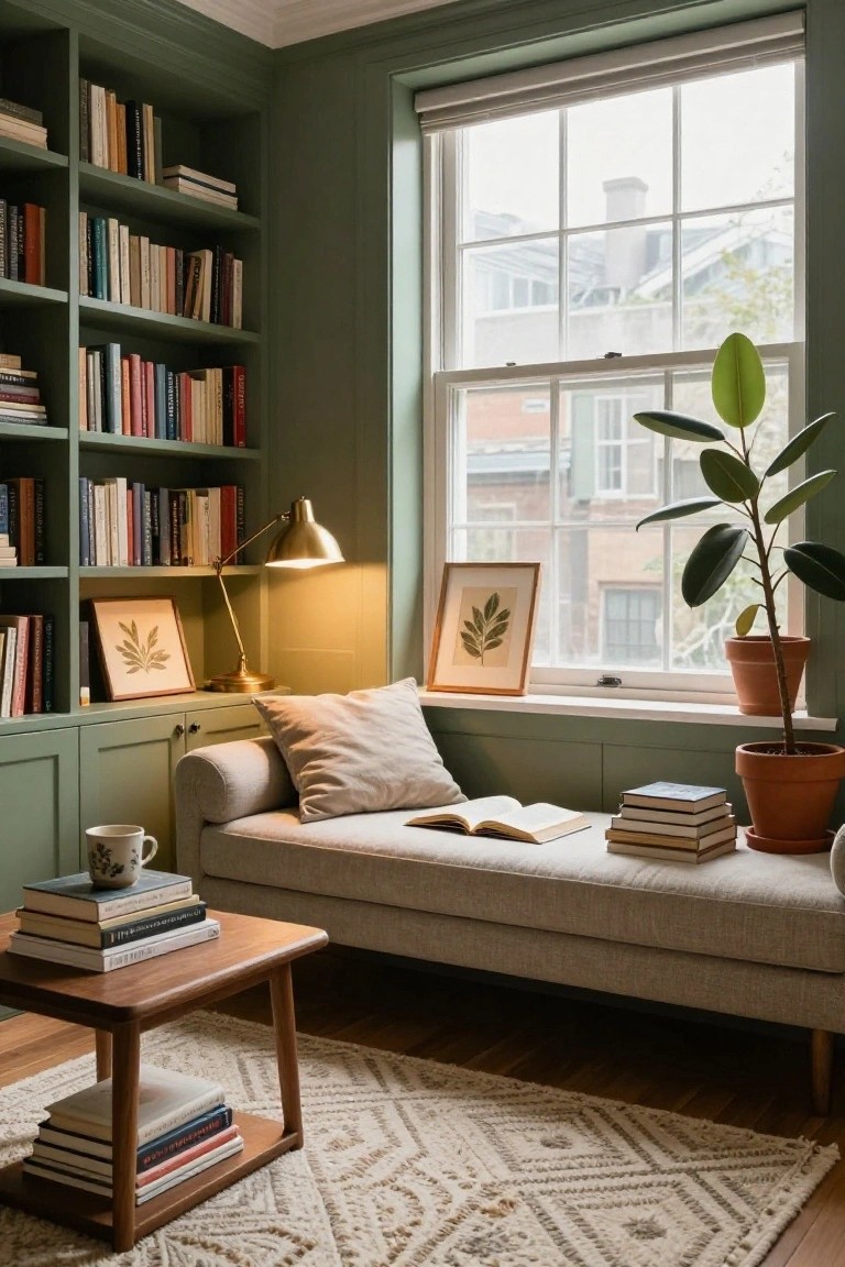 Corner of a room with sage green built-in bookshelves filled with books around a large multi-pane window, a beige chaise lounge with pillows and open book, wooden side table stacked with books, potted plants, gold lamp, and framed botanical prints.