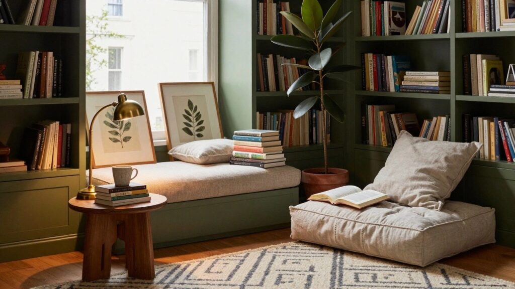 Corner of a room with sage green built-in bookshelves filled with books around a large multi-pane window, a beige chaise lounge with pillows and open book, wooden side table stacked with books, potted plants, gold lamp, and framed botanical prints.