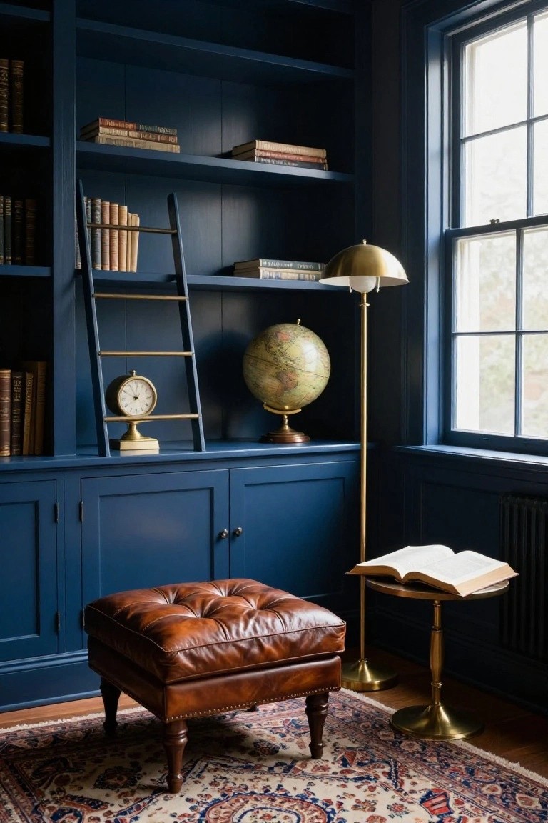Corner of a room with dark blue built-in bookshelves filled with books, a wooden ladder with brass rails leaning against the shelves, a globe and clock on lower shelves, a brass floor lamp, an open book on a small brass table, and a brown leather tufted ottoman on a patterned rug.
