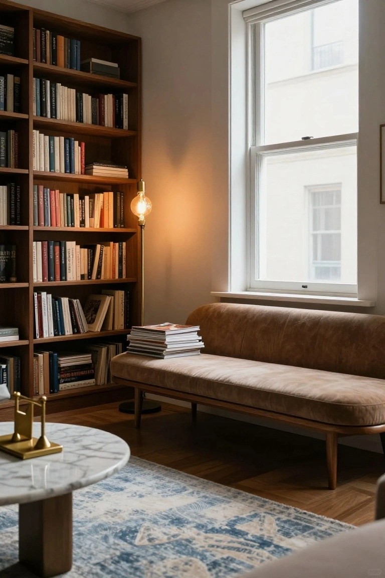 Corner of a room with tall wooden bookshelves filled with books, tan leather daybed, round marble-topped wooden coffee table with brass bookends, brass floor lamp, and blue rug in front of a large window.