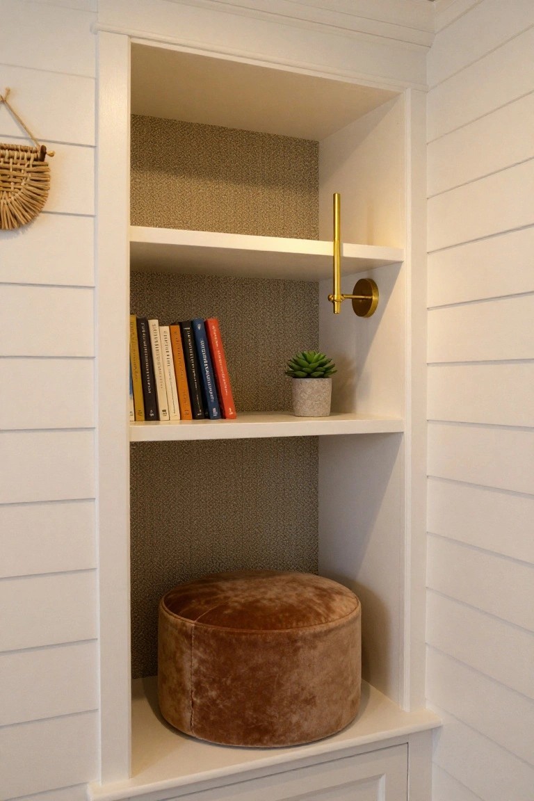Recessed white bookshelf built into shiplap wall with assorted books on upper shelves, small potted succulent, gold sconce light, woven wall hanging nearby, and rust velvet pouf on lower shelf.