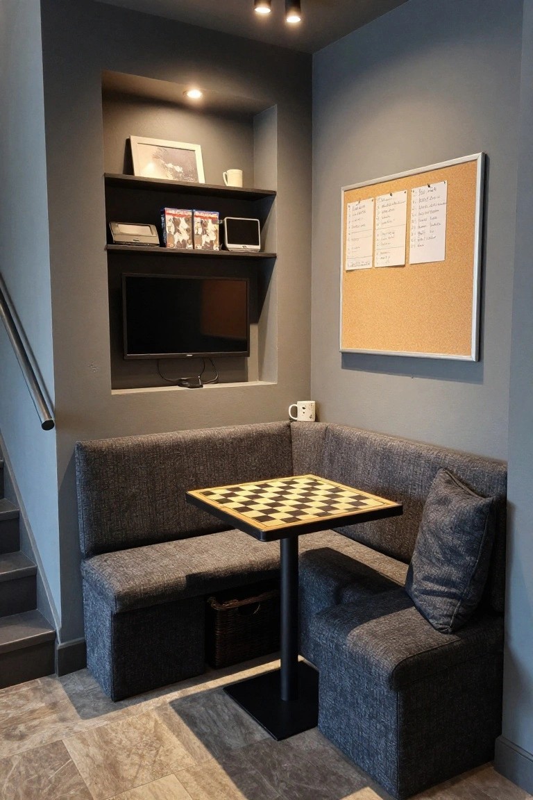 Gray corner nook featuring L-shaped upholstered bench seating around a chess-patterned table on black metal pedestal, with built-in shelves holding TV, books, DVDs, and mug above, plus cork boards and stairs nearby.