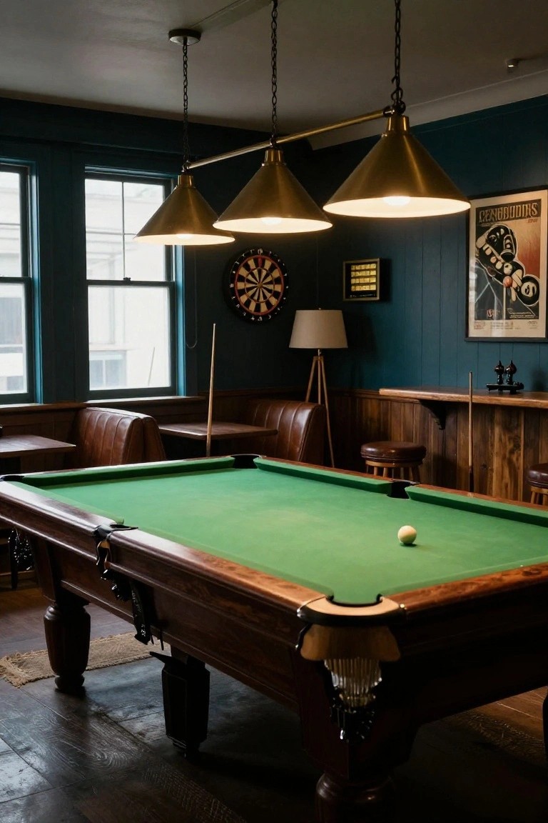 Game room interior with central wooden pool table on green felt, dartboard on navy wall, brass pendant lights, leather booths, wood bar stools, and floor lamp.