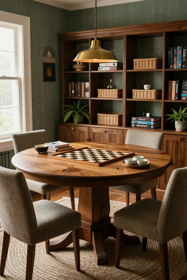 A cozy interior room with green patterned wallpaper, wooden bookshelves filled with books and baskets, a round wooden pedestal table set with a chessboard, teacups, and bowls, four gray upholstered armchairs, plants, a brass pendant light, and a window.