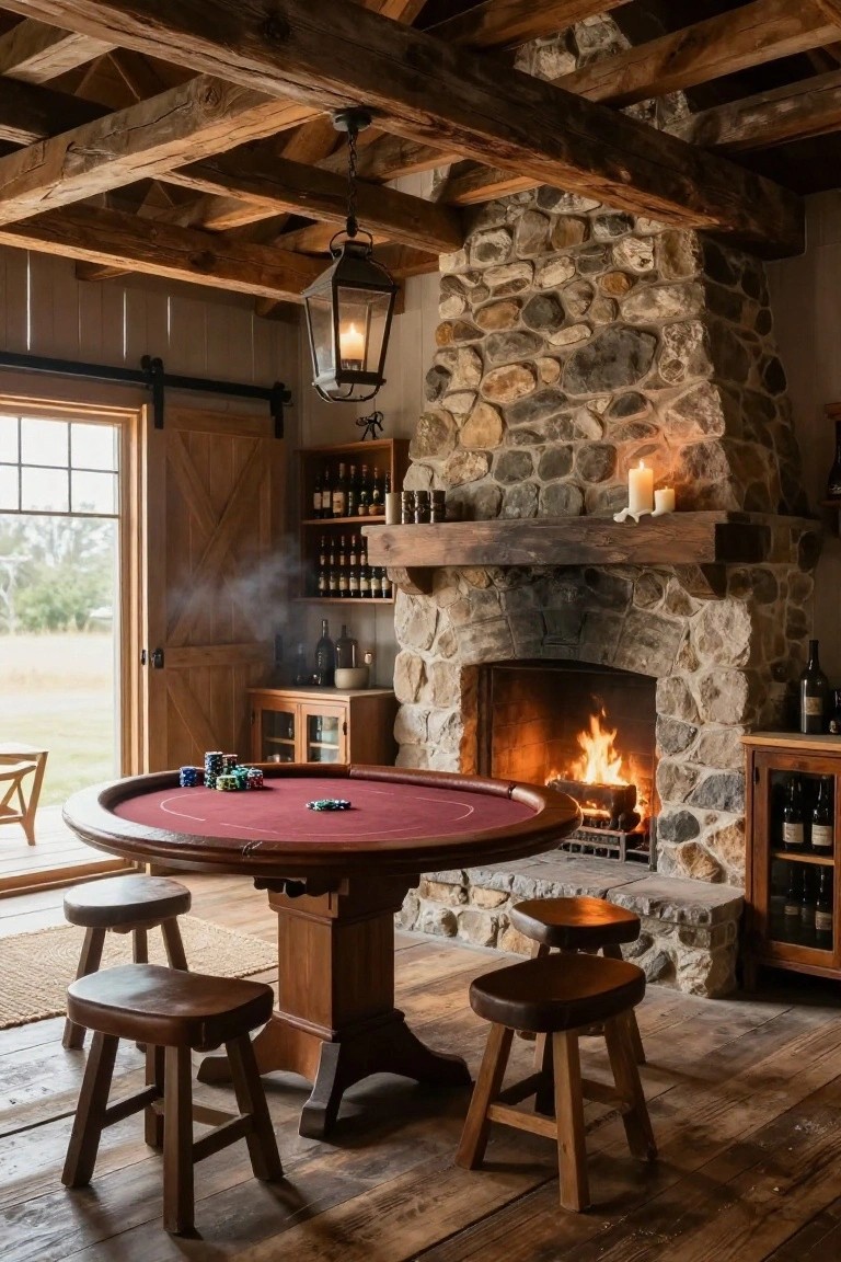 Rustic interior room with round red poker table on wood base, flanked by leather stools, stone fireplace with fire burning, wooden beams on ceiling, bar cabinets with bottles, and large sliding barn door window.