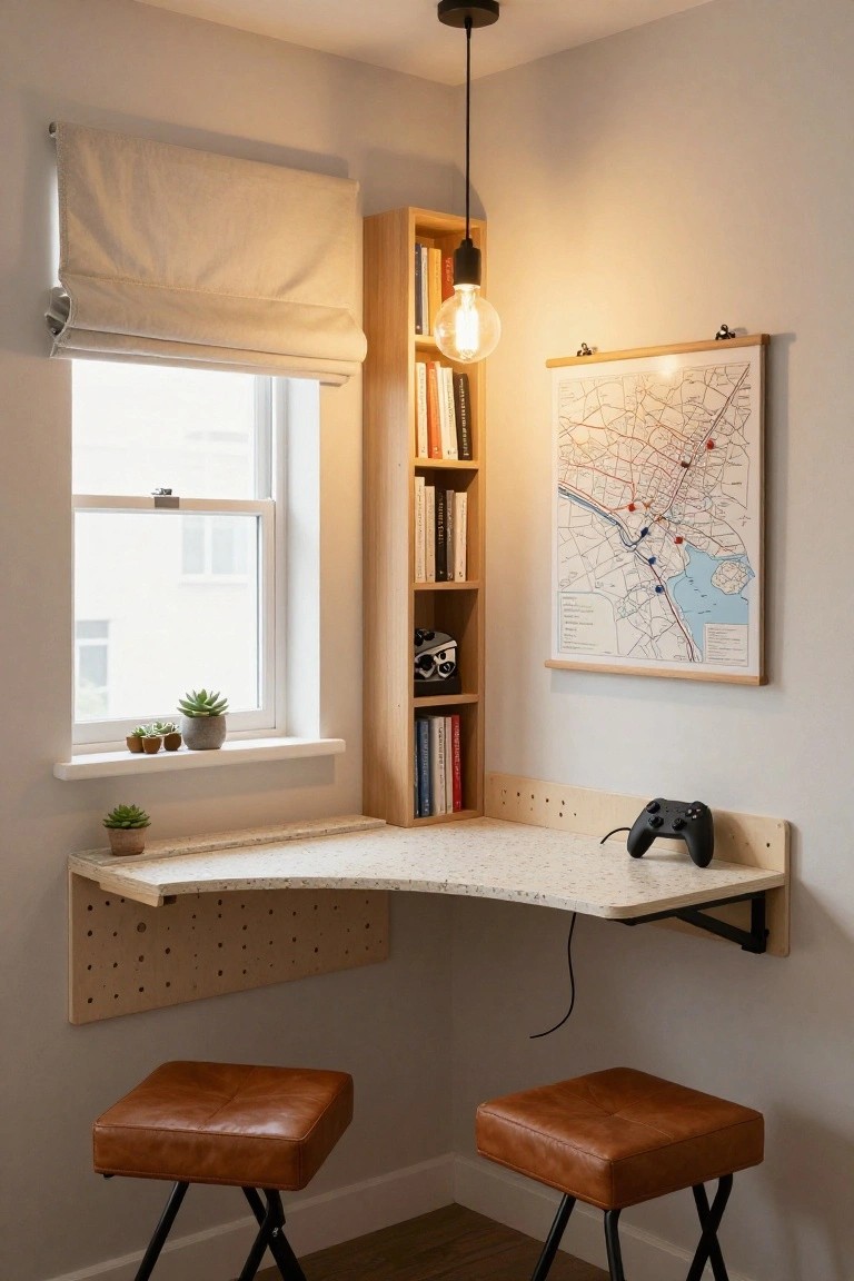 Corner room setup with curved white pegboard desk mounted on wall, adjacent wooden built-in shelves holding books and objects, small plants on windowsill and floor, framed city map on wall, black game controller on desk, and two brown leather stools below.
