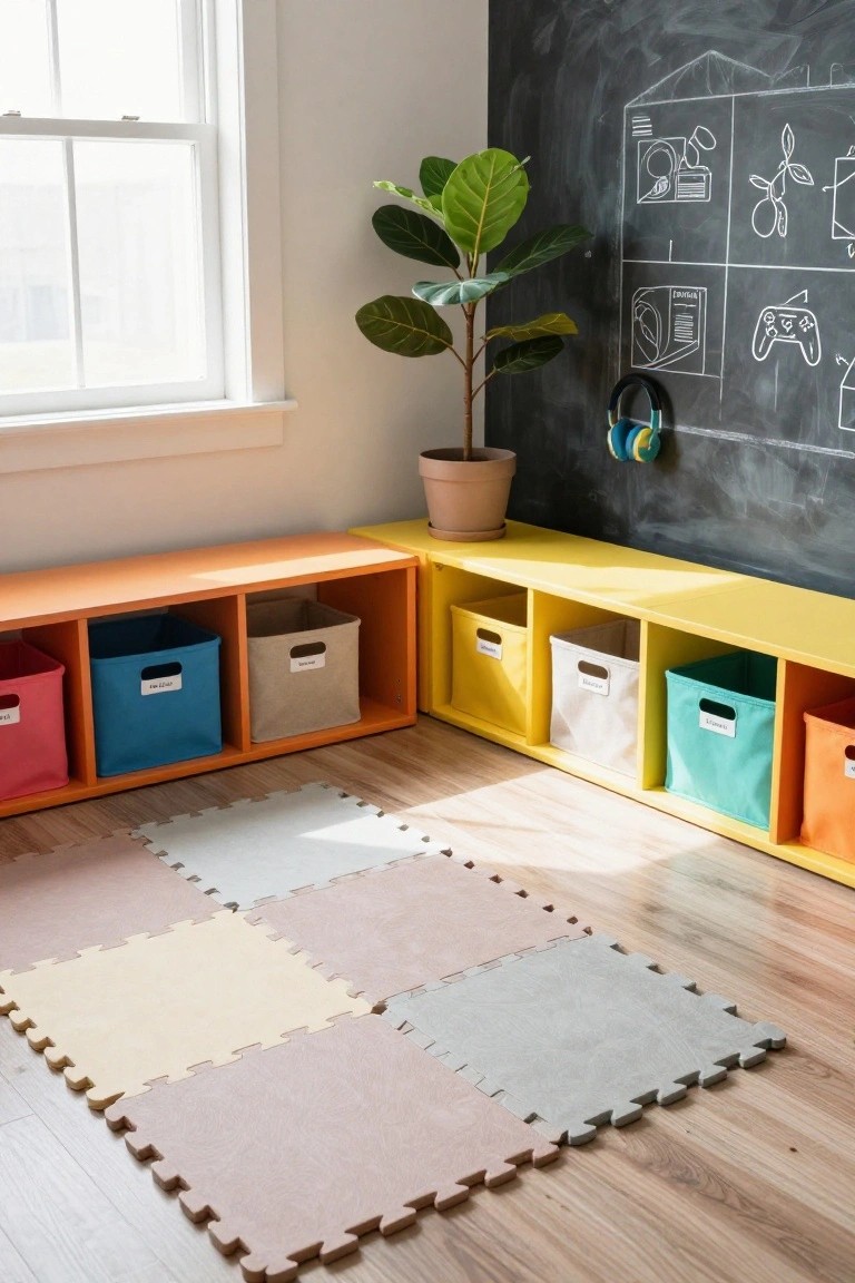 Corner of a children's playroom with orange and yellow benches featuring cubbies holding colorful fabric storage bins labeled with children's names, a chalkboard wall with house and game drawings, a potted plant, headphones on the wall, and interlocking foam play mats on the wooden floor.