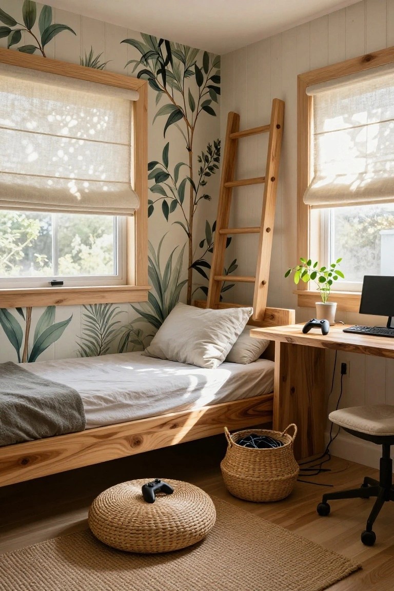Child's bedroom with green tropical leaf wallpaper on one wall, wooden single bed with gray blanket, adjacent wooden desk holding monitor keyboard and gaming controller, wooden ladder shelf by window, potted plant, woven baskets, pouf stool, and beige roller blinds.