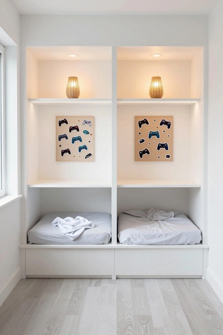 White built-in shelving unit divided into two sections with alcove beds underneath, gaming controller artwork on cork panels, woven lamps on shelves, and light gray sheets on beds in a room with white walls and light wood flooring.