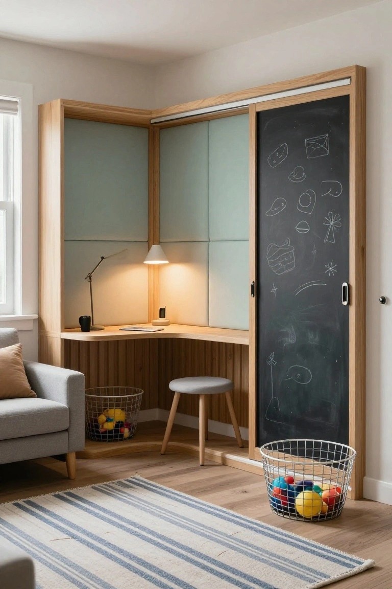 Corner of a bright kids' room with oak built-in desk unit, frosted glass sliding doors, chalkboard panel with children's drawings, desk lamp, gray stool, gray sofa, and wire baskets holding toys on a striped rug.