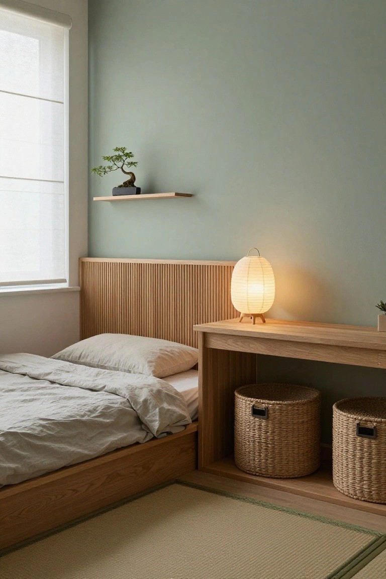 Minimalist bedroom interior with low oak platform bed featuring slatted wooden headboard, integrated nightstand with paper lantern lamp and small plant, bonsai tree on wall shelf above, sage green walls, sheer window blind, and seagrass floor mat with rattan storage baskets.