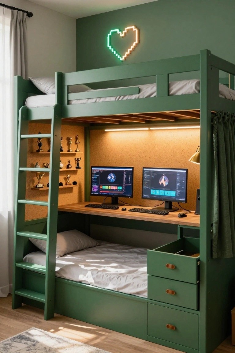 Green-painted loft bunk bed with upper mattress, lower wooden desk holding dual computer monitors, keyboard, mouse, desk lamp, and corkboard walls with trophy shelves in a bedroom with neon green heart sign and curtains.