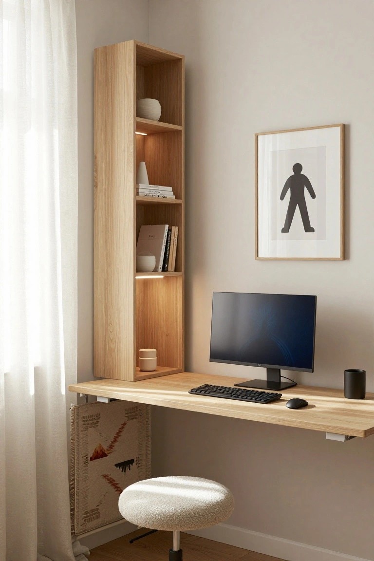 Corner of a beige room with sheer curtains showing a tall open wooden shelving unit lit from within next to a wall-mounted wooden desk holding a monitor, keyboard, mouse, and mug, with a white pouf stool below.