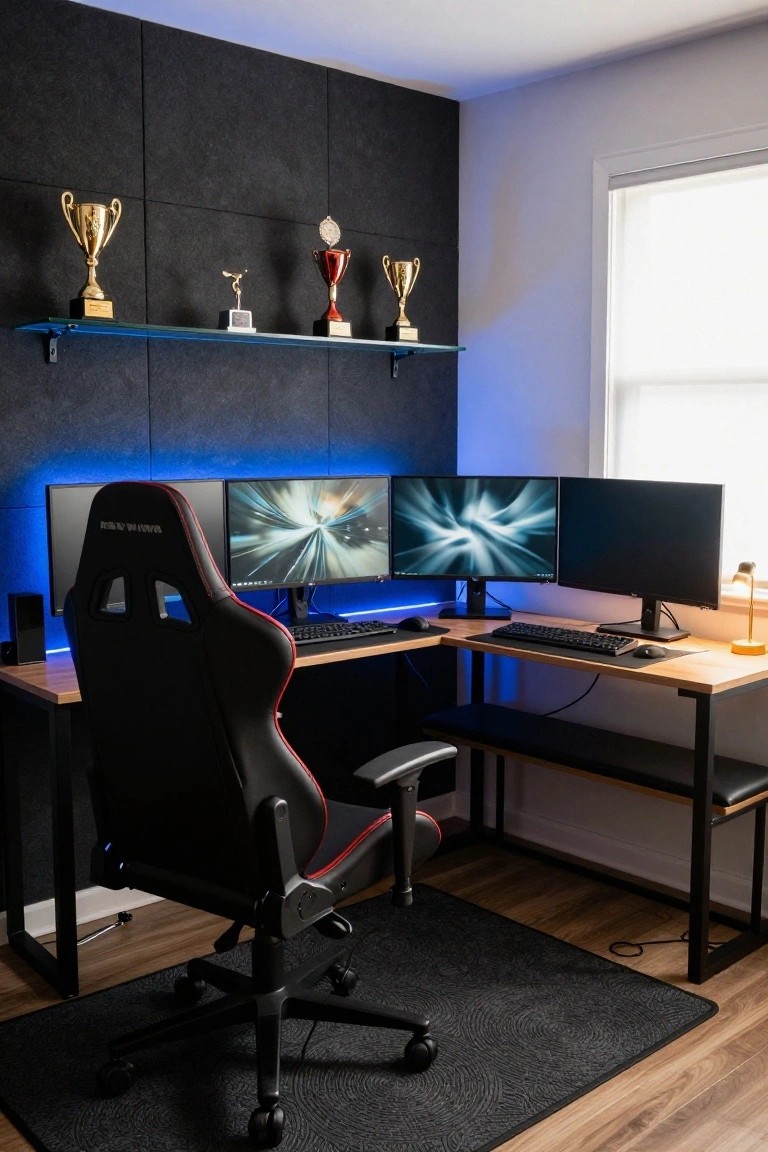 A corner L-shaped wooden desk in a dark-walled room holds three computer monitors, a mechanical keyboard, mouse, red and black gaming chair, RGB lighting, and shelves displaying trophies above.