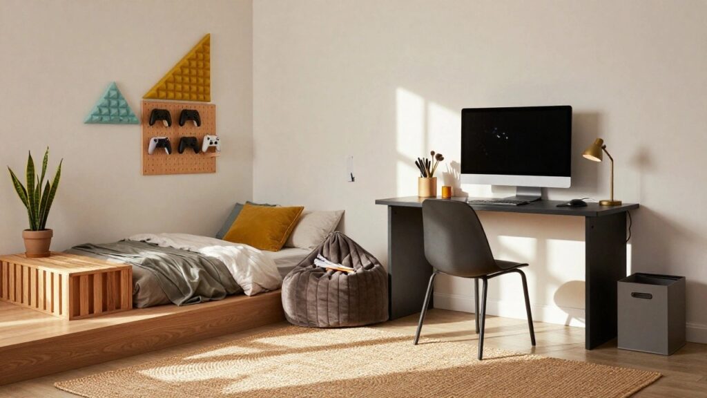 19 Creative Kids Gamer Room Ideas That Spark Joy Corner room setup with black TV stand, beige bean bag chair, wooden side table with candle, potted snake plants, geometric foam wall panels, and pegboard shelf holding two game controllers above the TV.