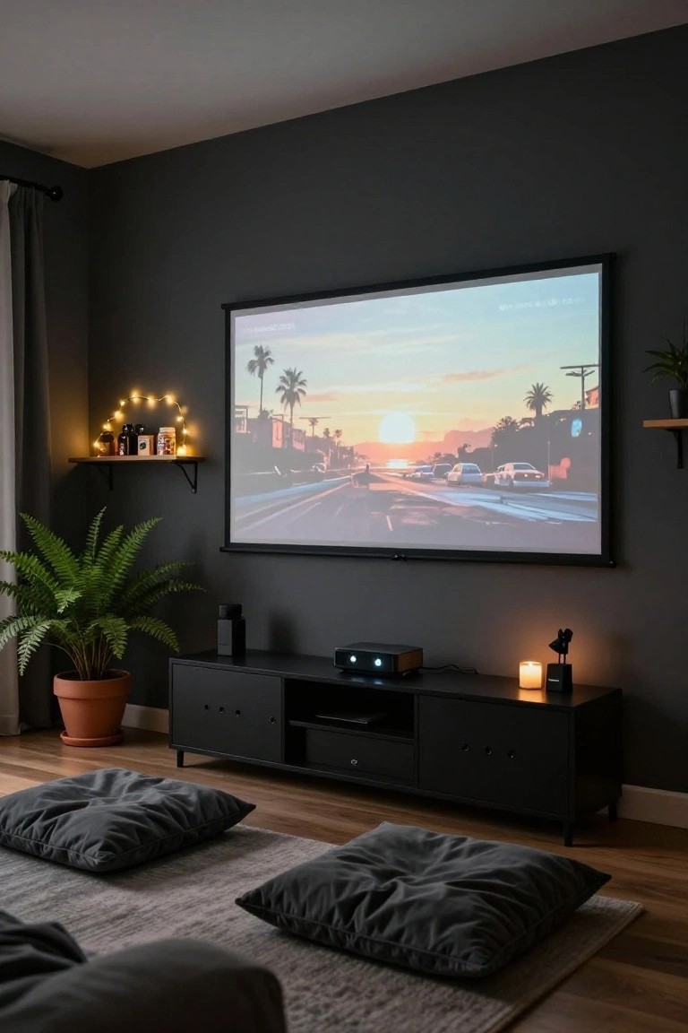 Dark gray room featuring a large projector screen showing a palm tree sunset scene, black media console with projector below, floor cushions on a rug, potted fern, shelf with string lights, and candle.