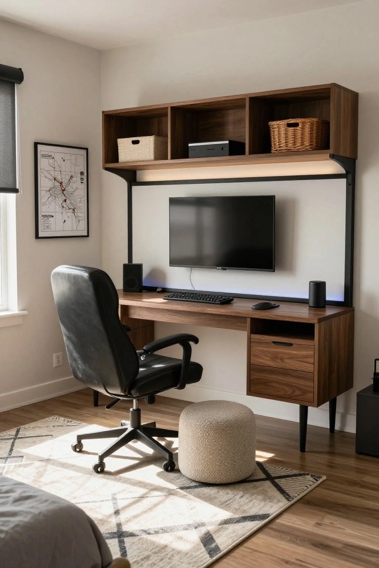 Walnut wood desk with black metal wall-mounted hutch, open shelves holding baskets and speakers, overhead TV screen, black leather chair, keyboard, mouse, and pouf stool in a bedroom corner on hardwood floor with rug.