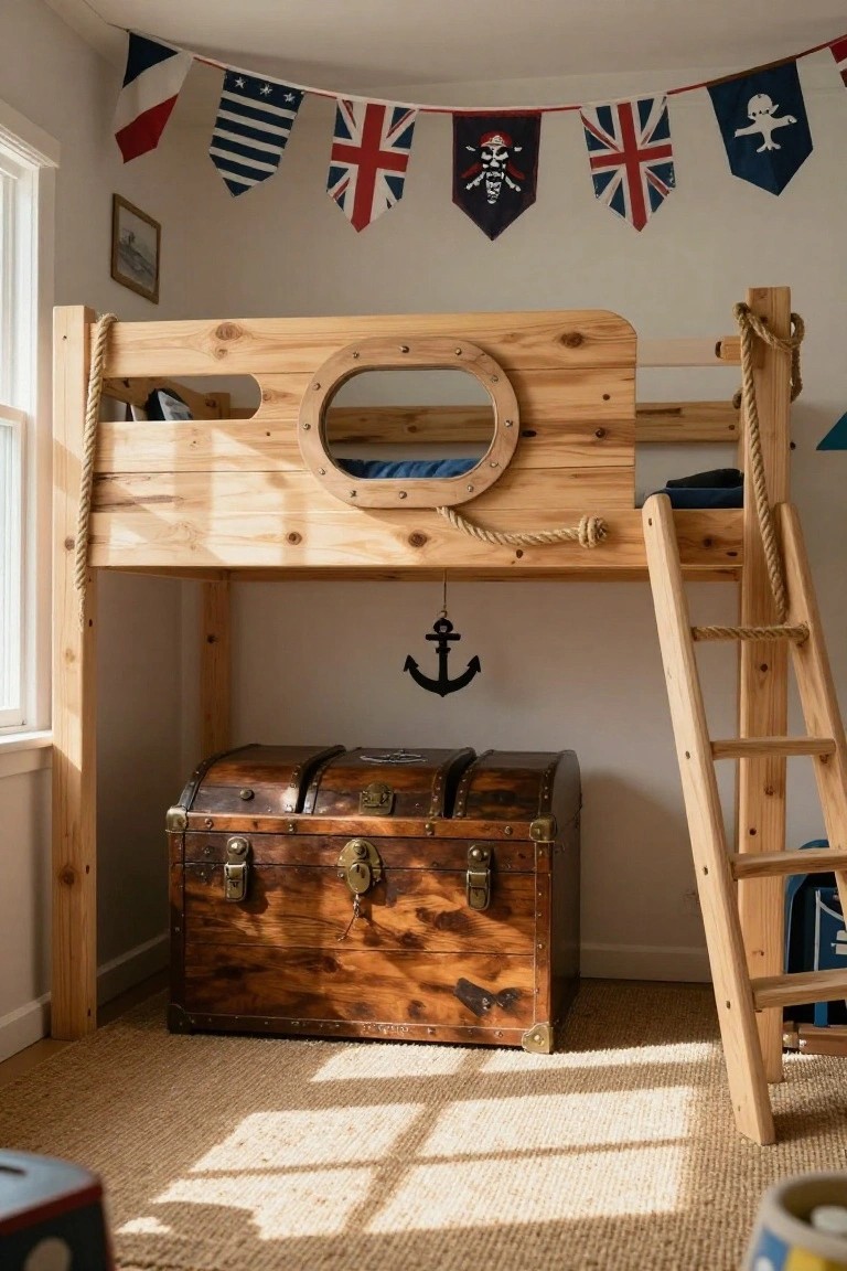 Wooden bunk bed resembling a pirate ship with porthole window, rope ladders, anchor wall decal, treasure chest below, nautical flags overhead, and beige rug in a bright kids' bedroom.
