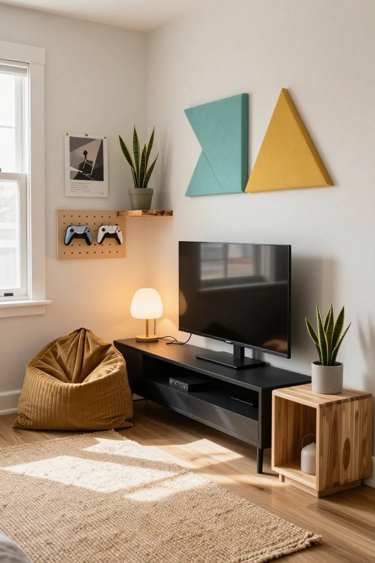 Corner room setup with black TV stand, beige bean bag chair, wooden side table with candle, potted snake plants, geometric foam wall panels, and pegboard shelf holding two game controllers above the TV.