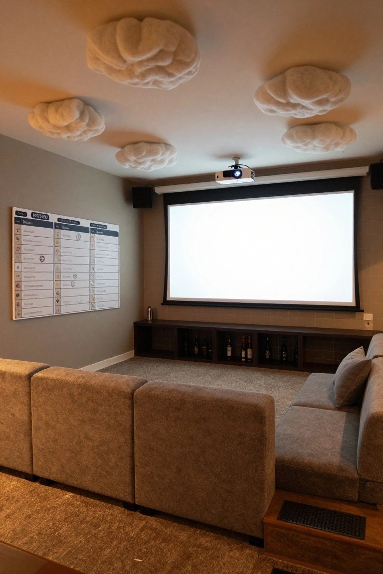Home theater room with multiple fluffy cloud-shaped ceiling lights, projector and blank screen, modular beige L-shaped sofa, built-in shelves with bottles, and two whiteboards on the wall.