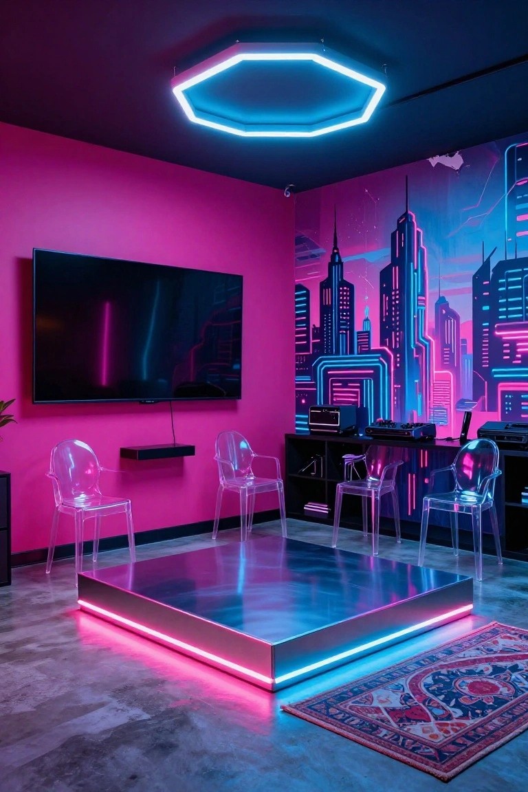 Pink interior room with cyberpunk neon city mural on walls, hexagonal blue LED ceiling light, wall-mounted black TV, transparent acrylic chairs and shelves with tech gear, central elevated silver platform with pink and blue LED edges, and patterned rug on concrete floor.
