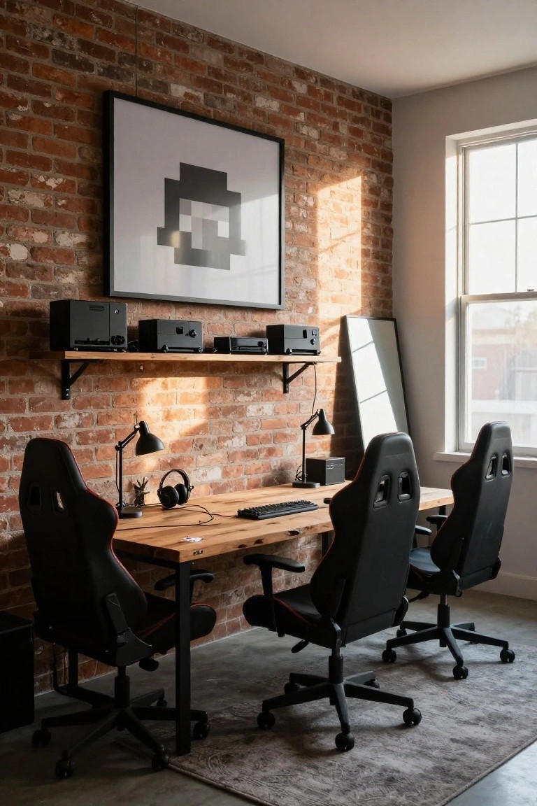 Gaming room interior with exposed brick walls, a long wooden desk, multiple black racing chairs, audio equipment on wooden shelves, desk lamps, and a large framed abstract print.